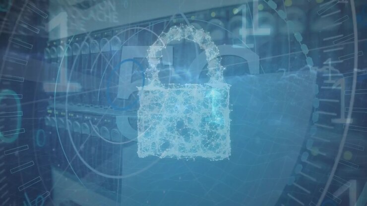 Animation of data processing and padlock over server room