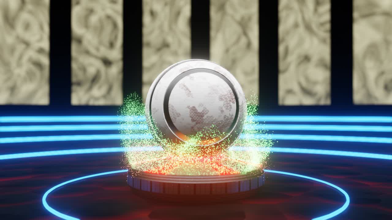 추상적인 구형 물체가 떨어지고 공을 둘러싼 입자의 움직임에 대한 4k 비디오 영화 애니메이션 3d 영화 장면 모션 그래픽