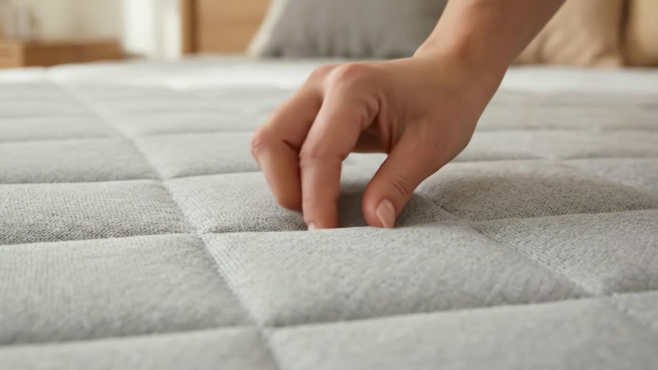 Primo piano di una mano che preme su un morbido materasso