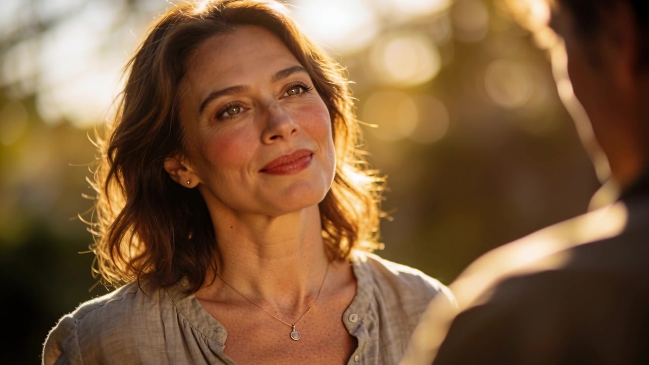 Smiling woman leaning in, listening to partner speaking in garden, wearing linen blouse, pendant