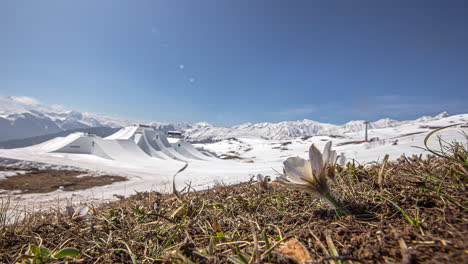toma de lapso de tiempo de excavadora y vehículo de nieve preparando pista y rampa en la zona de esquí de livigno durante el día soleado, italia