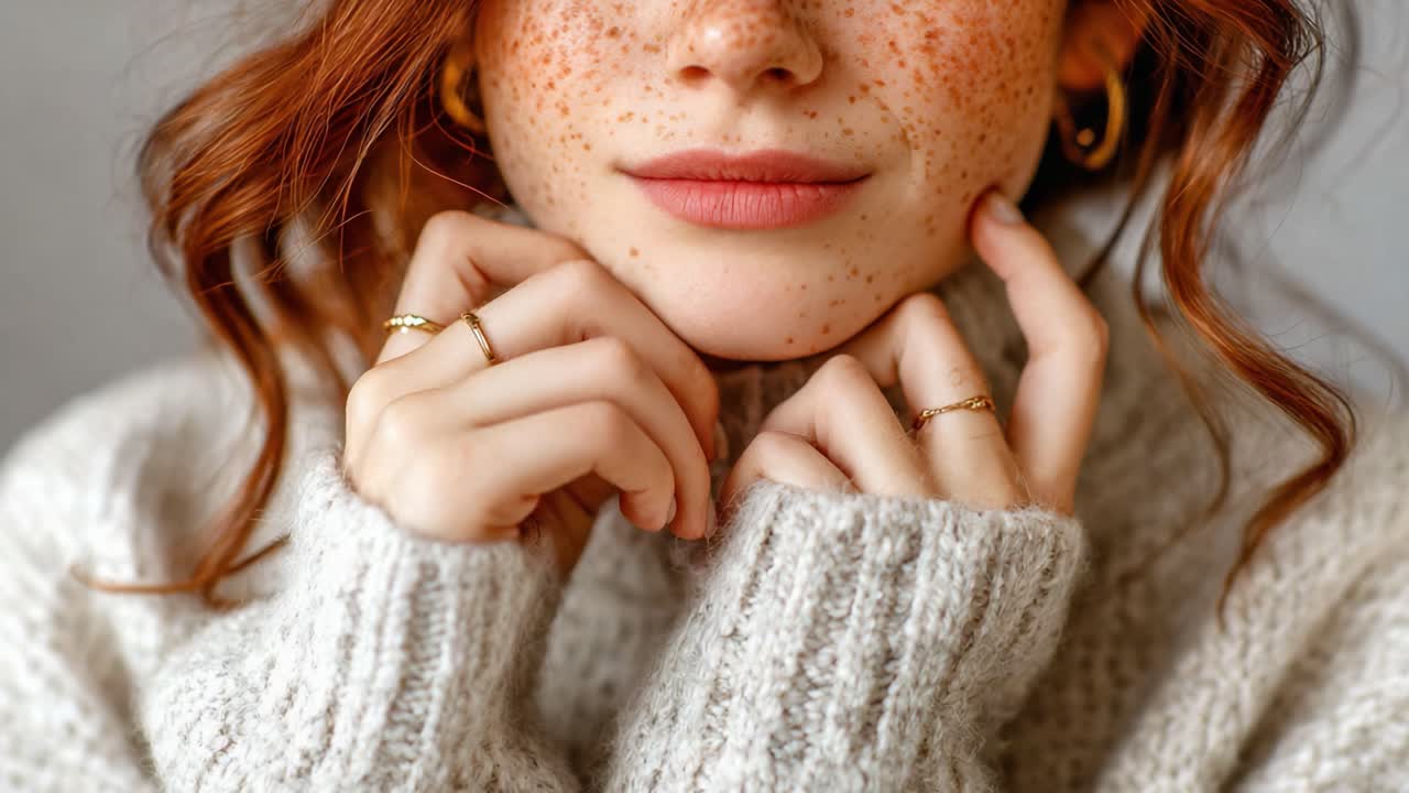 Un primo piano di una giovane donna con lentiggini e un comodo maglione, che mette in risalto i suoi tratti espressivi e la sua bellezza naturale