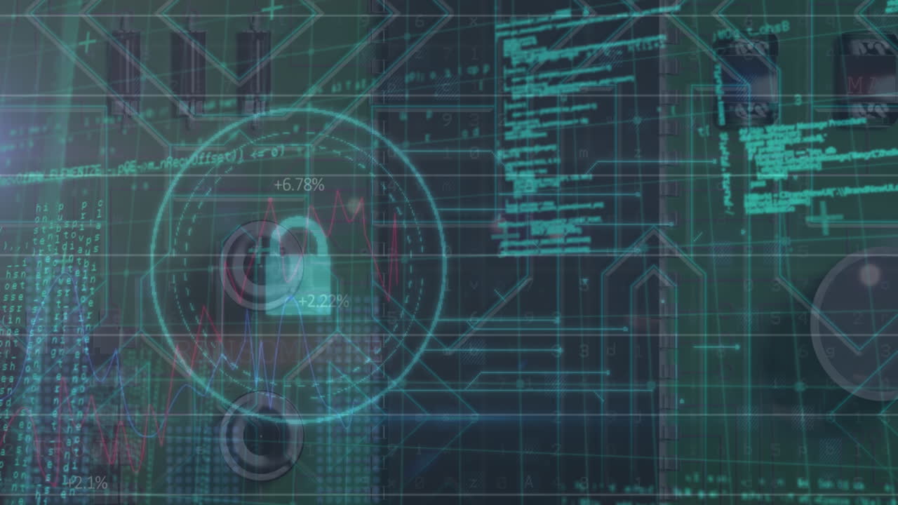Animation of data processing, online security padlock and circuit board