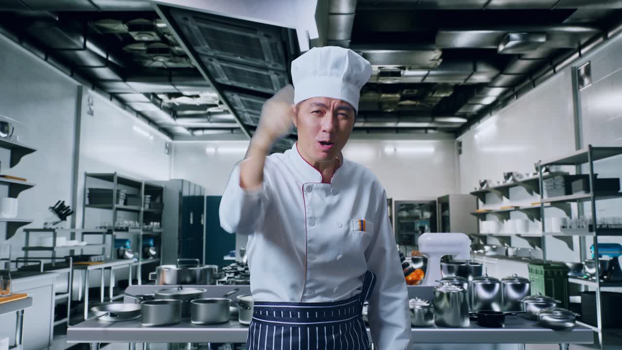 chef asiático gritando a la cámara mientras está de pie en la cocina
