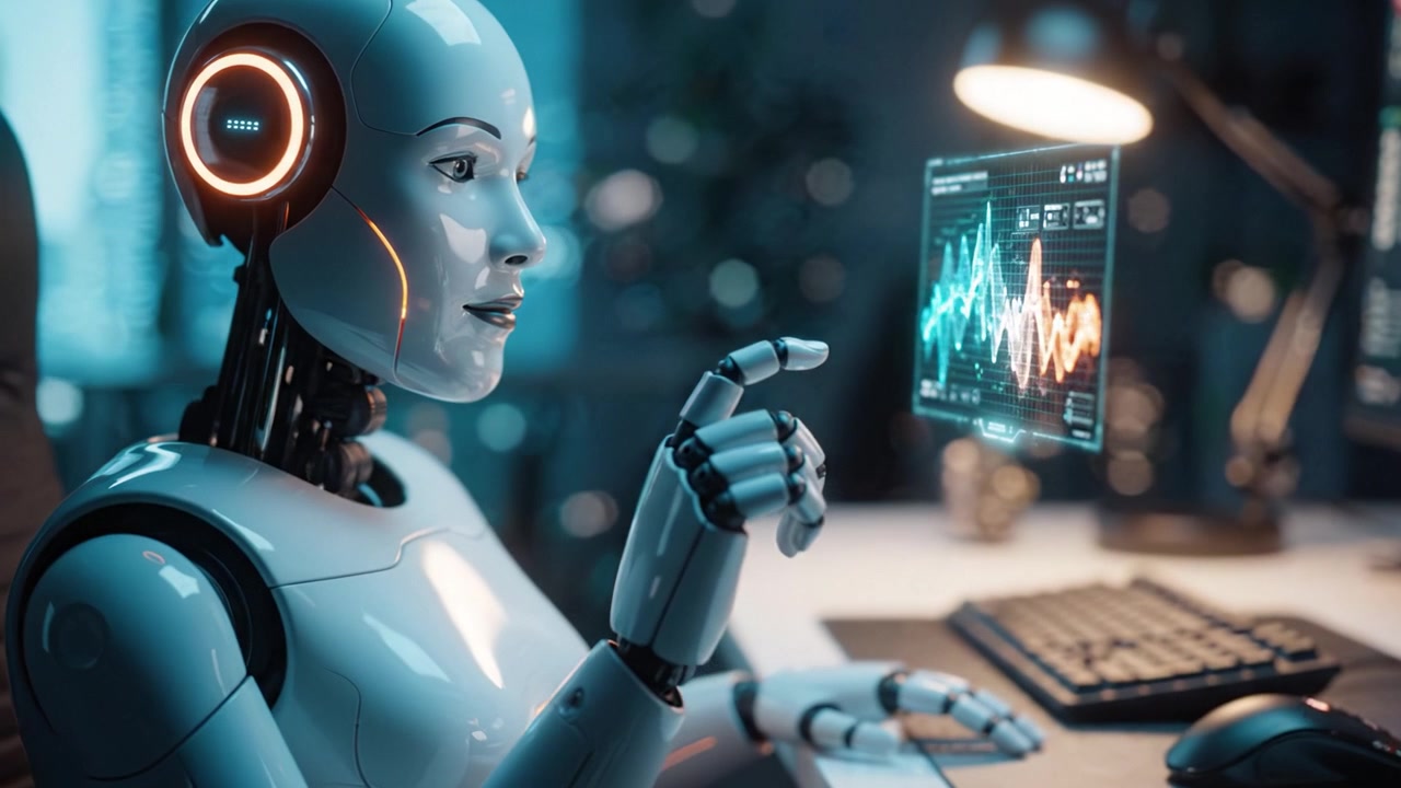 A futuristic robot interacts with holographic data displays, showcasing advanced technology in a high-tech environment that blends innovation with artificial intelligence.