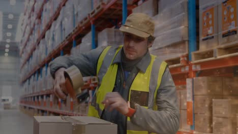 Animation-of-glowing-spots-of-light-over-caucasian-man-working-in-warehouse,