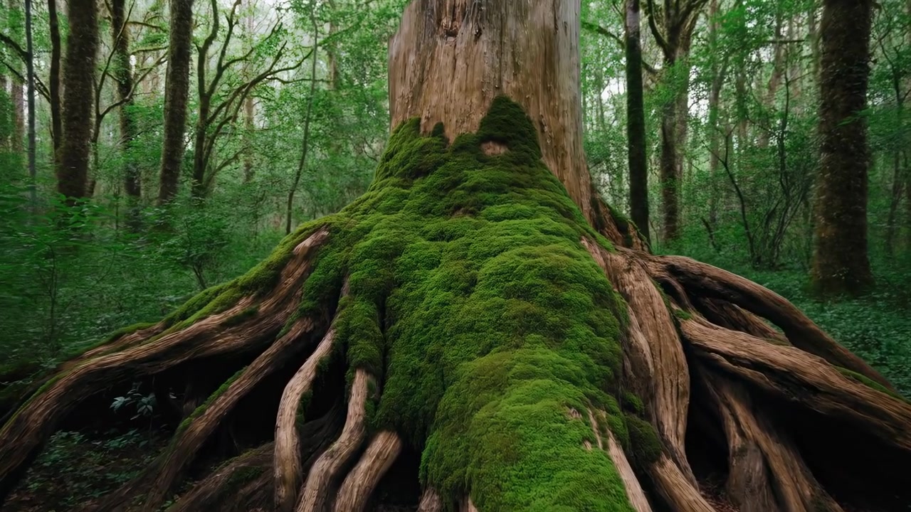 Moss Covered Stump With Sprawling Roots In Primeval Temperate Rainforest, Thick Emerald Moss Blankets Gnarled