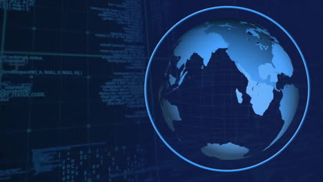 Animation of rotating globe over processing data on blue background