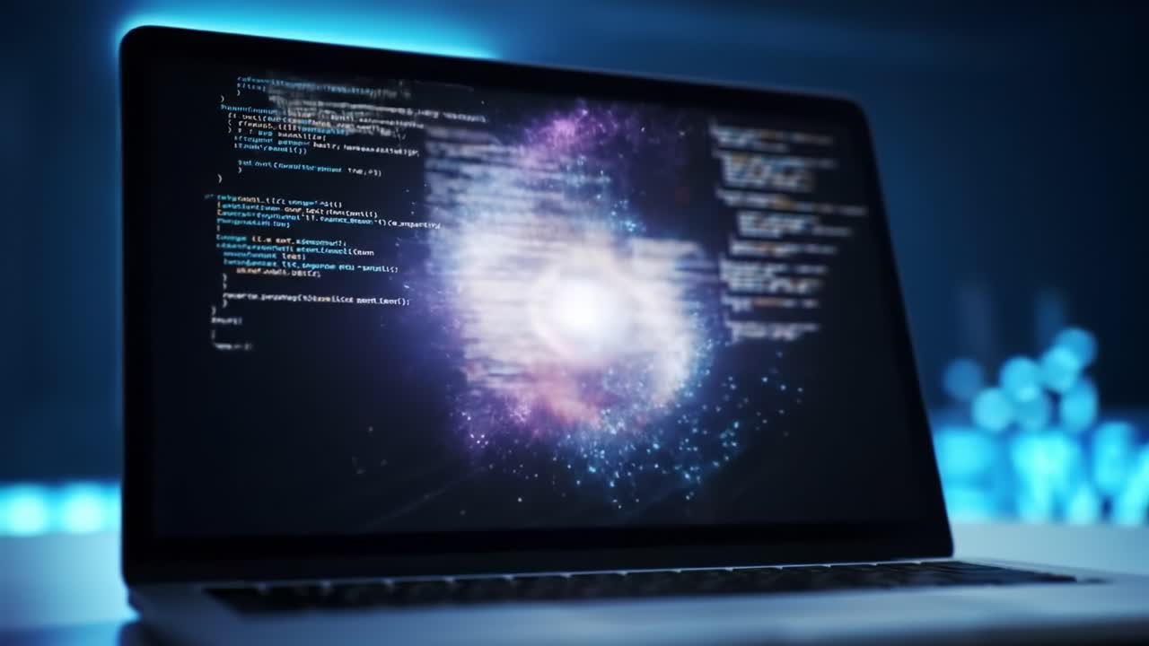 Laptop Screen with Abstract Coding and Cosmic Design