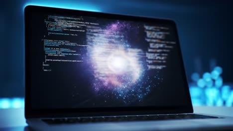 laptop screen with abstract coding and cosmic design