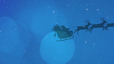 Light-spots-and-snow-falling-over-santa-claus-in-sleigh-being-pulled-by-reindeers-on-blue-background