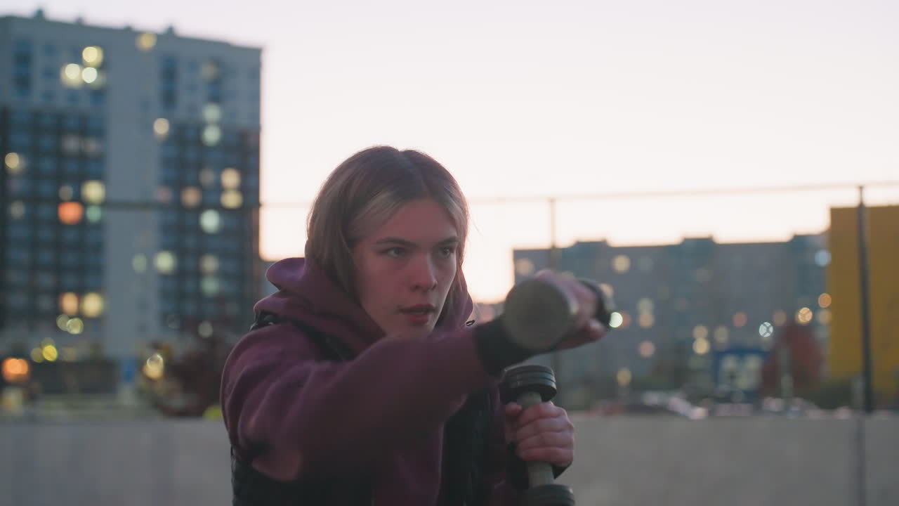 Strength trainer boxing dumbbells punching air at dusk on asphalt court beside white barrier topped with chain link fence against urban building backdrop wearing maroon hoodie and white sneakers