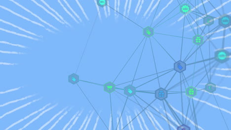 animation of network with icons and connections on blue background