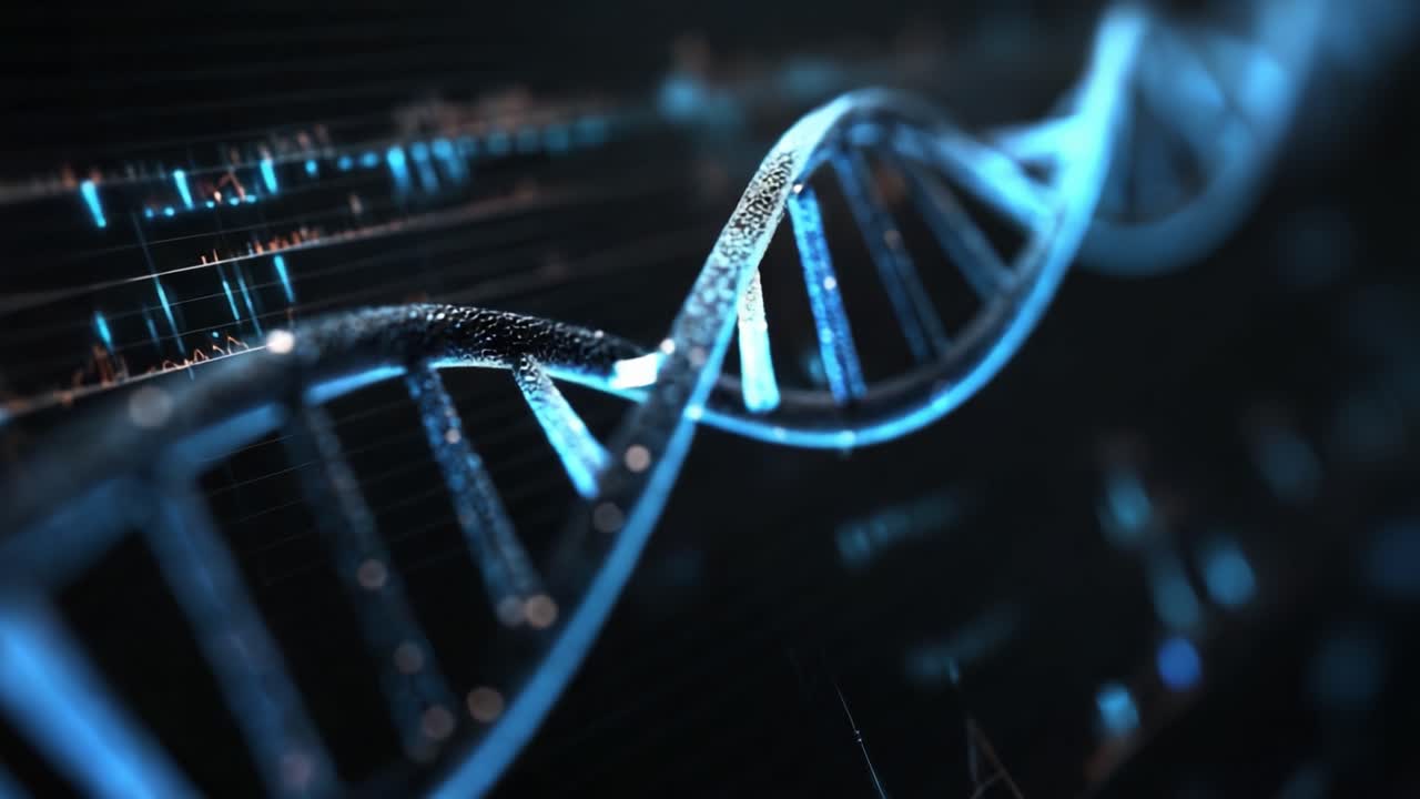 A mesmerizing close-up view of a DNA double helix, showcasing intricate details and shimmering textures against a dark background, highlighting the wonders of genetic research