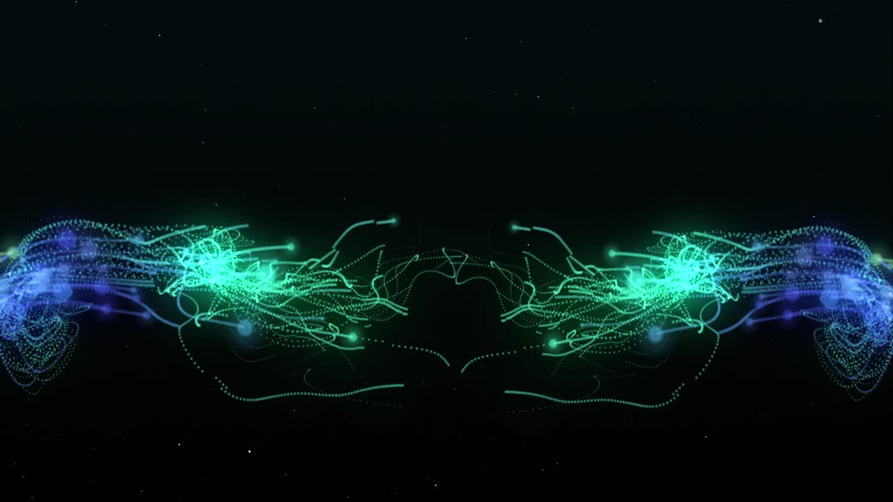 dos tentáculos agrupados de corriente eléctrica verde y azul que fluyen uno hacia el otro en un fondo negro