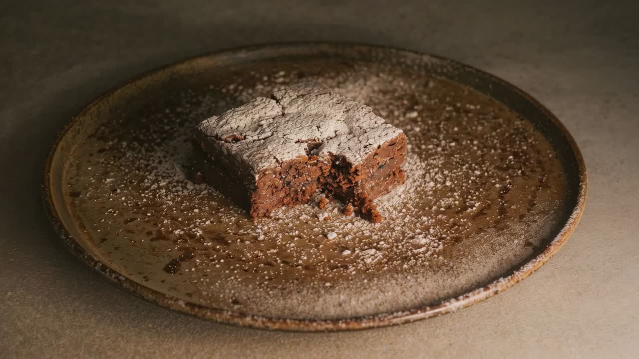 Guarnisci un brownie al cioccolato quadrato con zucchero a velo su un piatto di ceramica, facendo cadere delle briciole