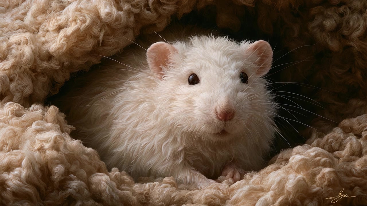 Un Incontro Ravvicinato con un Adorabile Ratto Bianco Comodamente Accoccolato in Morbido Pile Testurizzato, Che Mostra la Sua Curiosità e la Sua Natura Gentile
