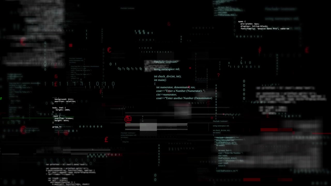 Digital animation of glitch effect over multiple screens with data processing on black background