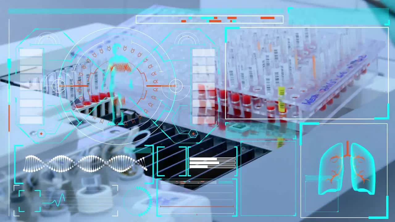 interfaz médica contra el científico que usa tableta digital en el laboratorio