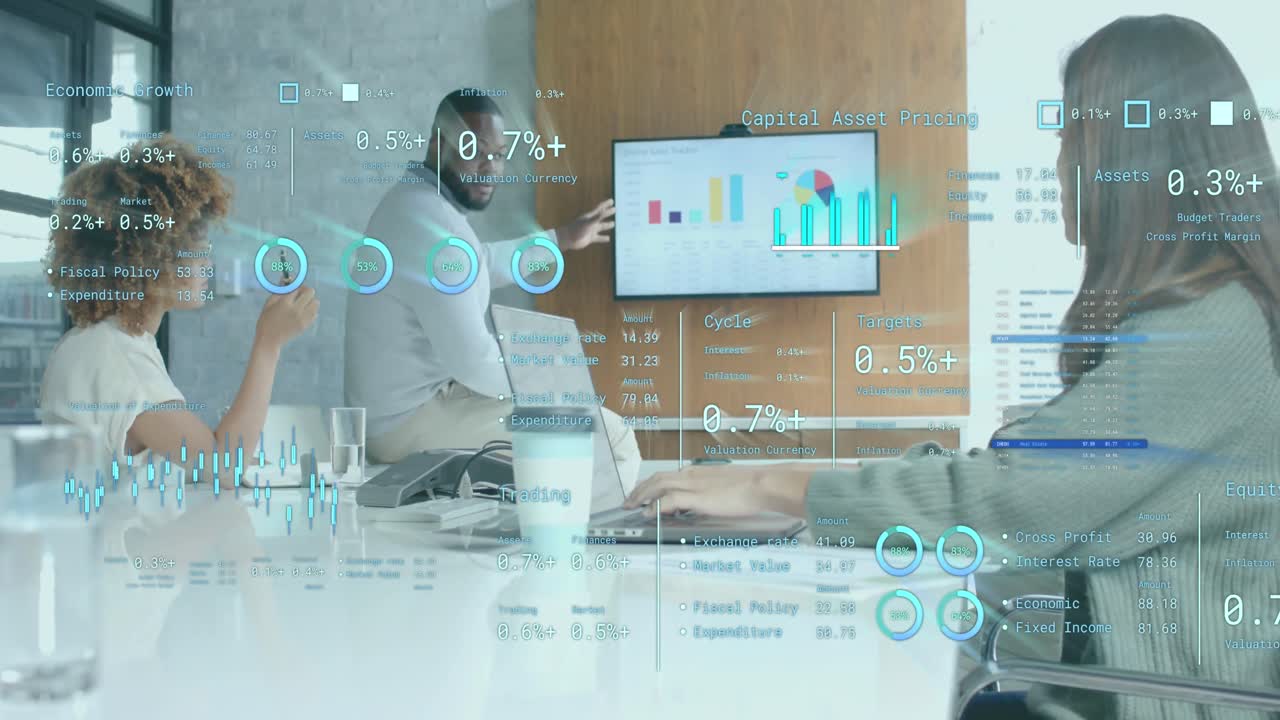 Data processing on interface over diverse colleagues discussing at casual office presentation
