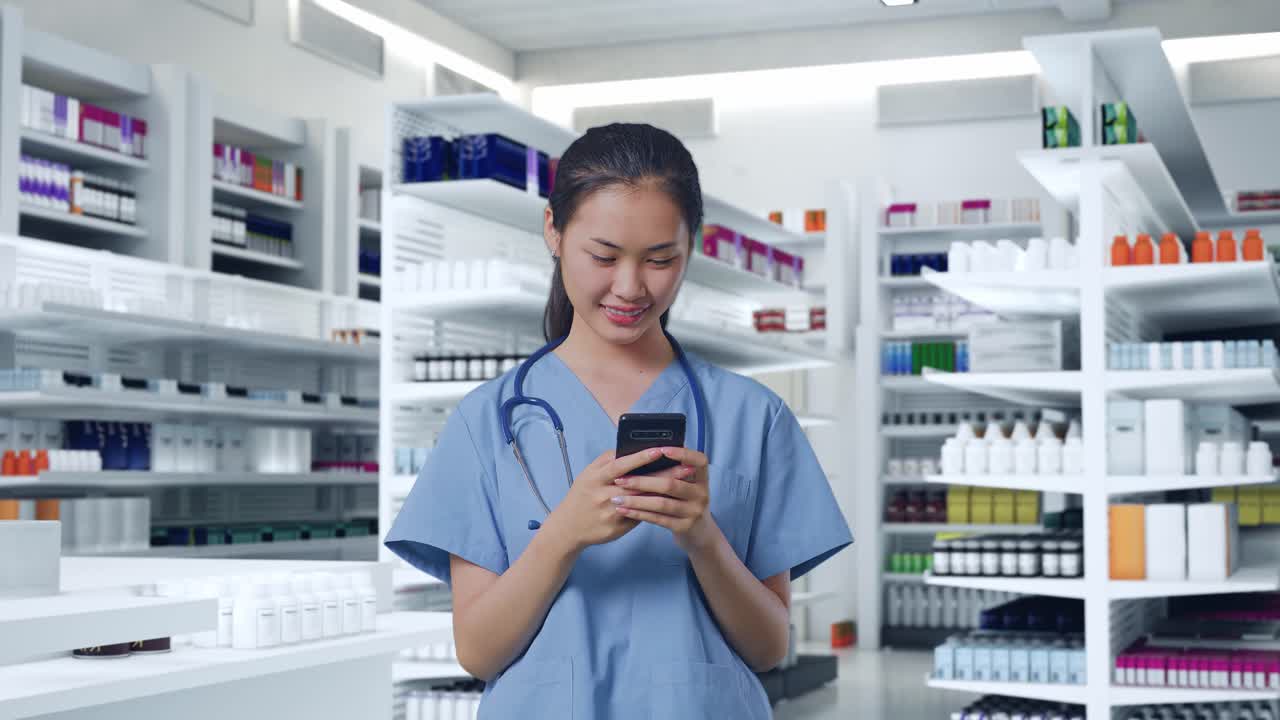 약국에서 스마트폰을 사용하는 약사