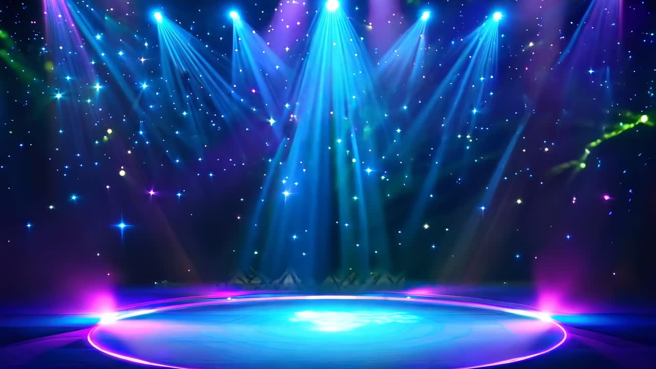 A vibrant stage with colorful spotlights and starry backdrop, captured from a low angle, perfect