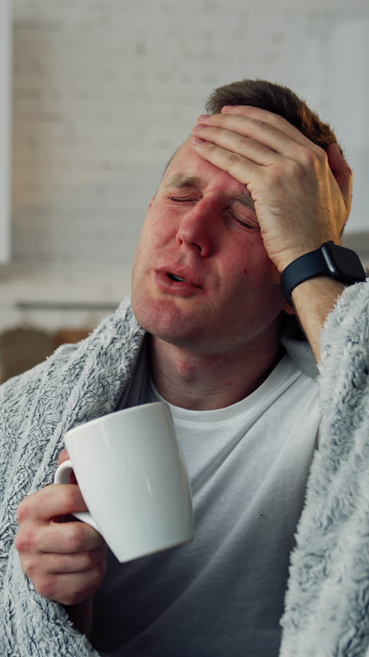 Folk medicine. Sick young man with fever wrapped in warm blanket drinking hot tea. Pandemic. Vertical video