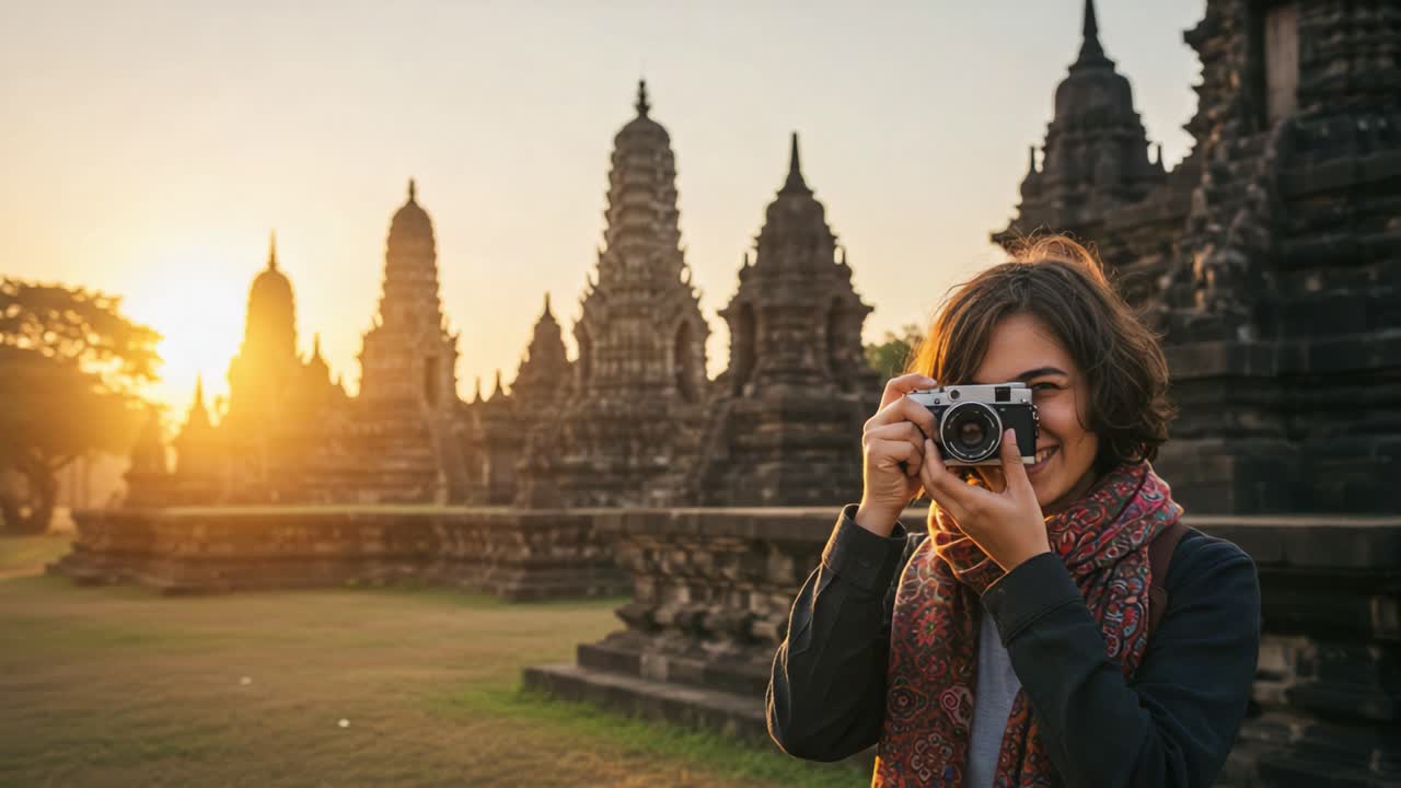 Capturing Memories Amidst Ancient Temples: A Joyful Photographer Smiling with Her Camera Surrounded by Stunning Historical Architecture and Sunset Glow