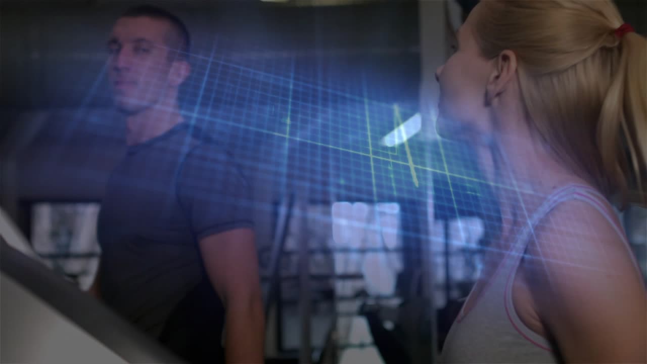 Woman and man running on treads fitness grid appearing sweeping consoles tracking stats glancing