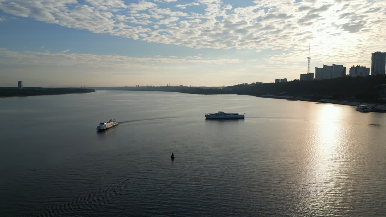 Boats on a Wide River at Sunrise or Sunset with City Skyline