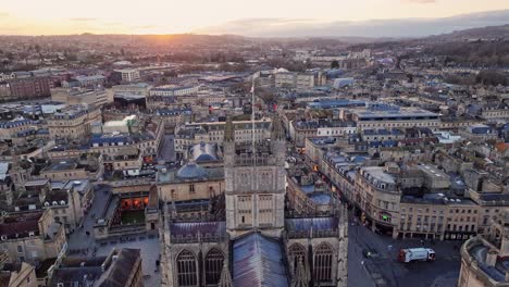 Bath-Abbey-during-sunset,-aerial-view-with-drone