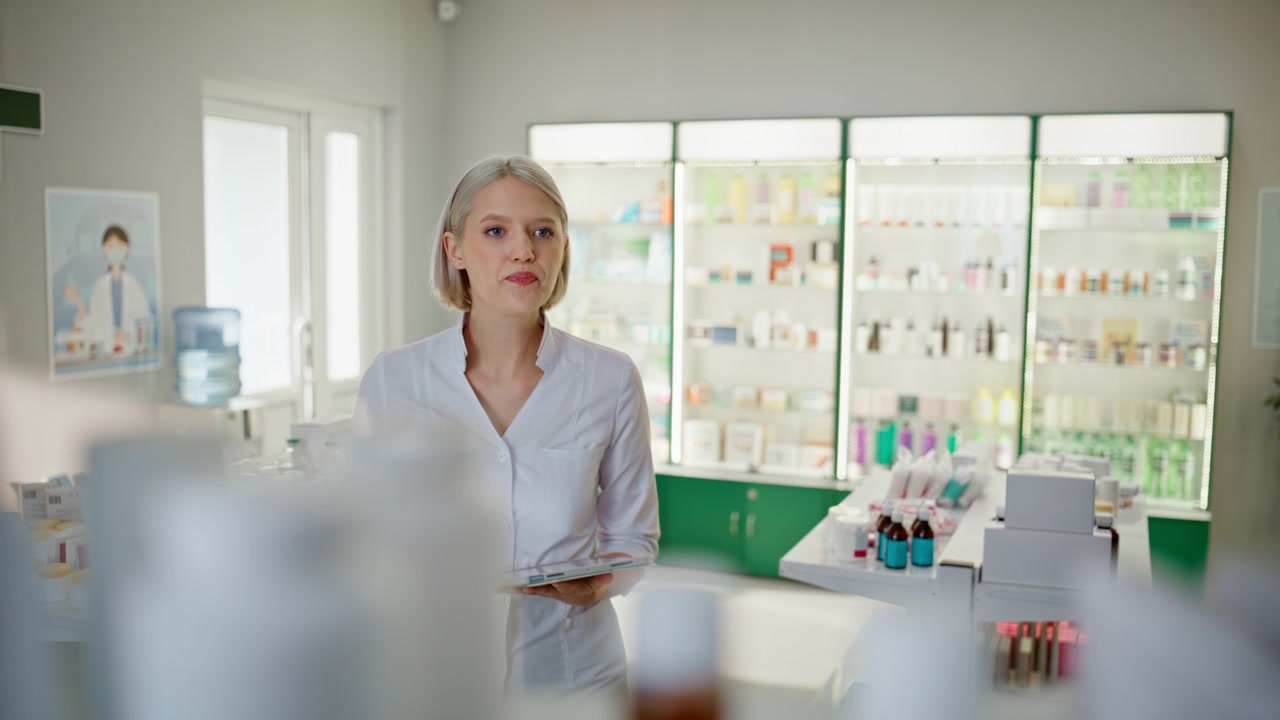 Lady pharmacist checking inventory in drugs store closeup. Girl checking shelves