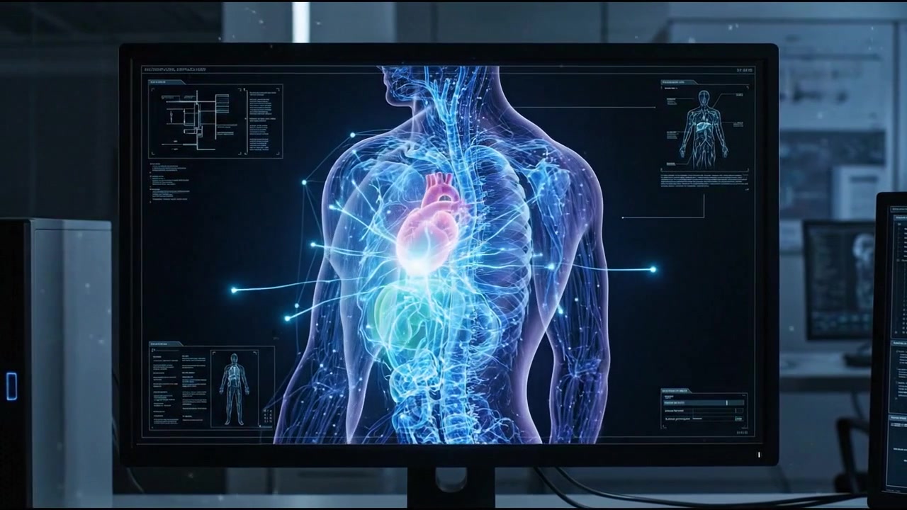 Side profile body scan with glowing stomach and digestive organs on medical screen