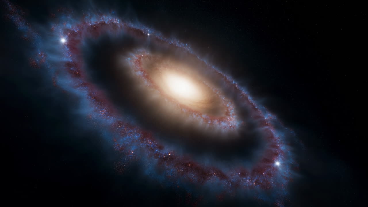 Galassia a spirale con nucleo luminoso, anello brillante di nebulose blu in formazione stellare, corsie di polvere rotanti, stelle distanti.