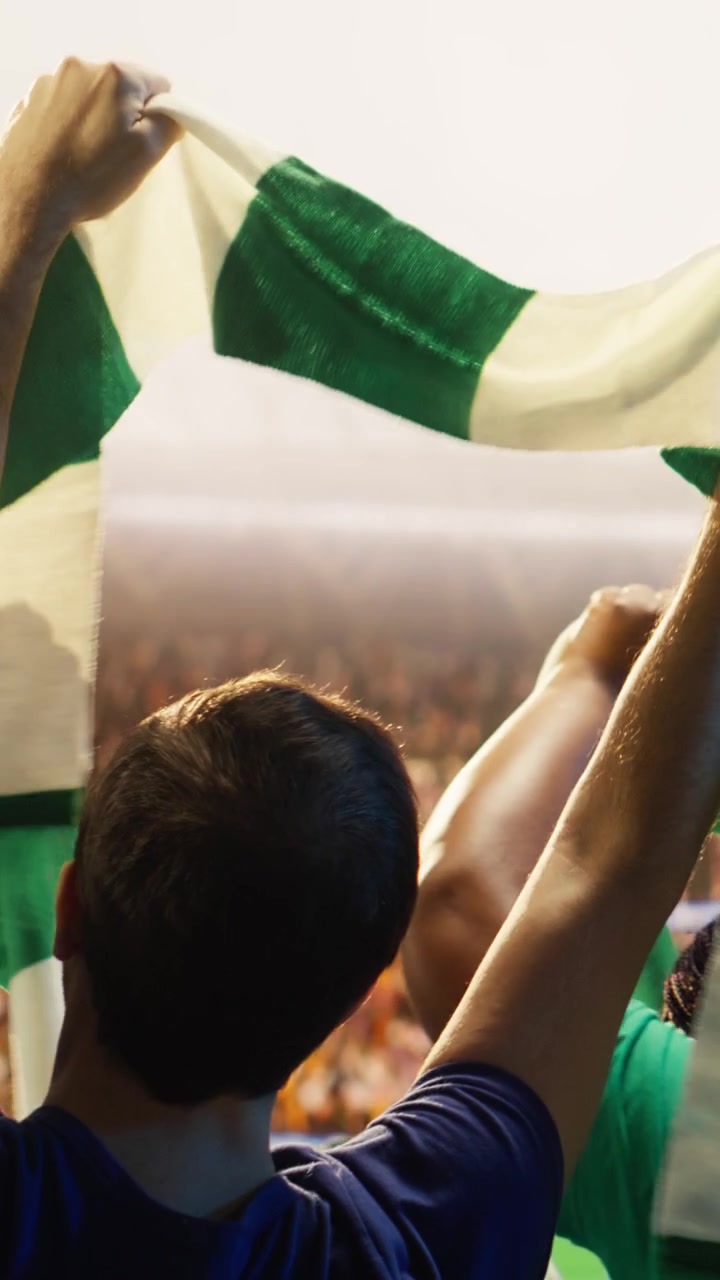 Video vertical: Primer plano de aficionados al fútbol en el estadio balanceándose rítmicamente de lado a lado.