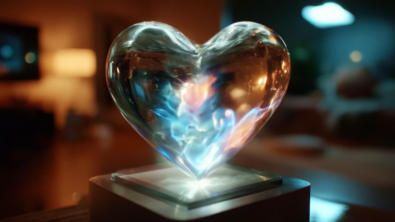 A Stunning Transformation of a Heart-Shaped Crystal: From Vibrant Electric Blues to Warm Glowing Ambers, This Enchanted Object Captivates with its Ethereal Beauty and Mesmerizing Visuals in Two Distinct Frames