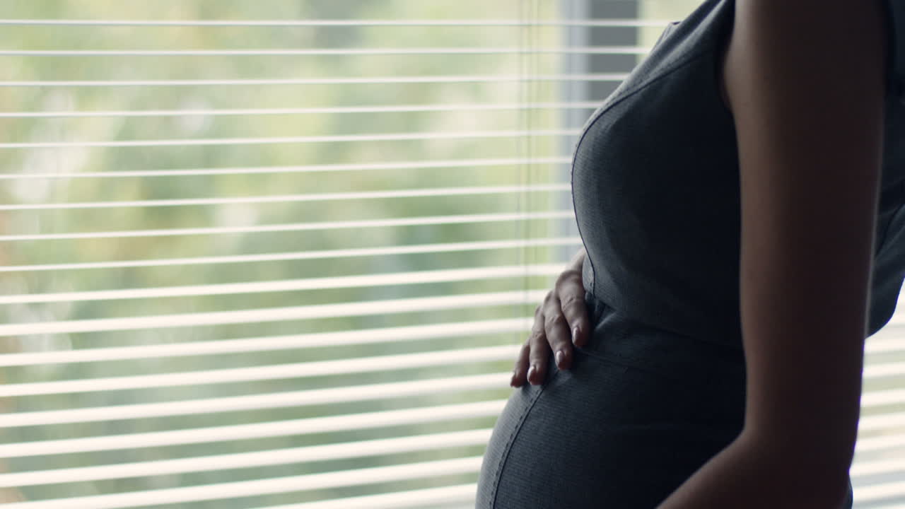 사무실에서 그녀의 배를 애무하는 동안 창 밖을 내다보는 안경을 쓴 사업가의 시야를 닫습니다