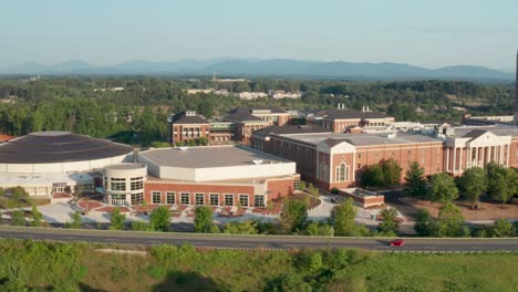 aerial truck shot of liberty university college campus in lynchburg virginia, usa