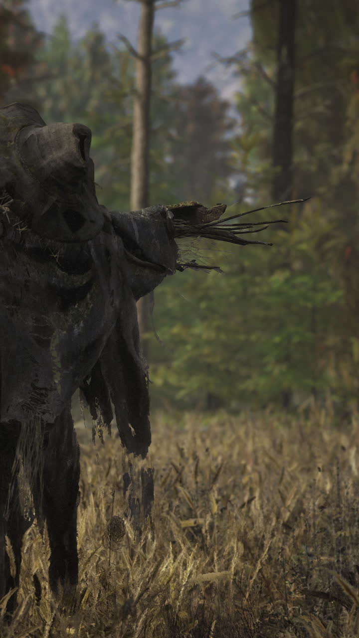 un espantapájaros espeluznante en un campo