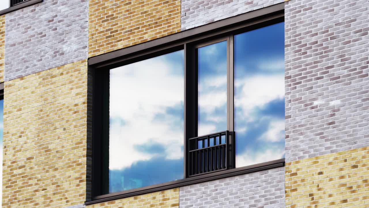 Cloud timelapse reflected in large window of modern yellow-grey brick facade, capturing the rhythm of time and urban stillness