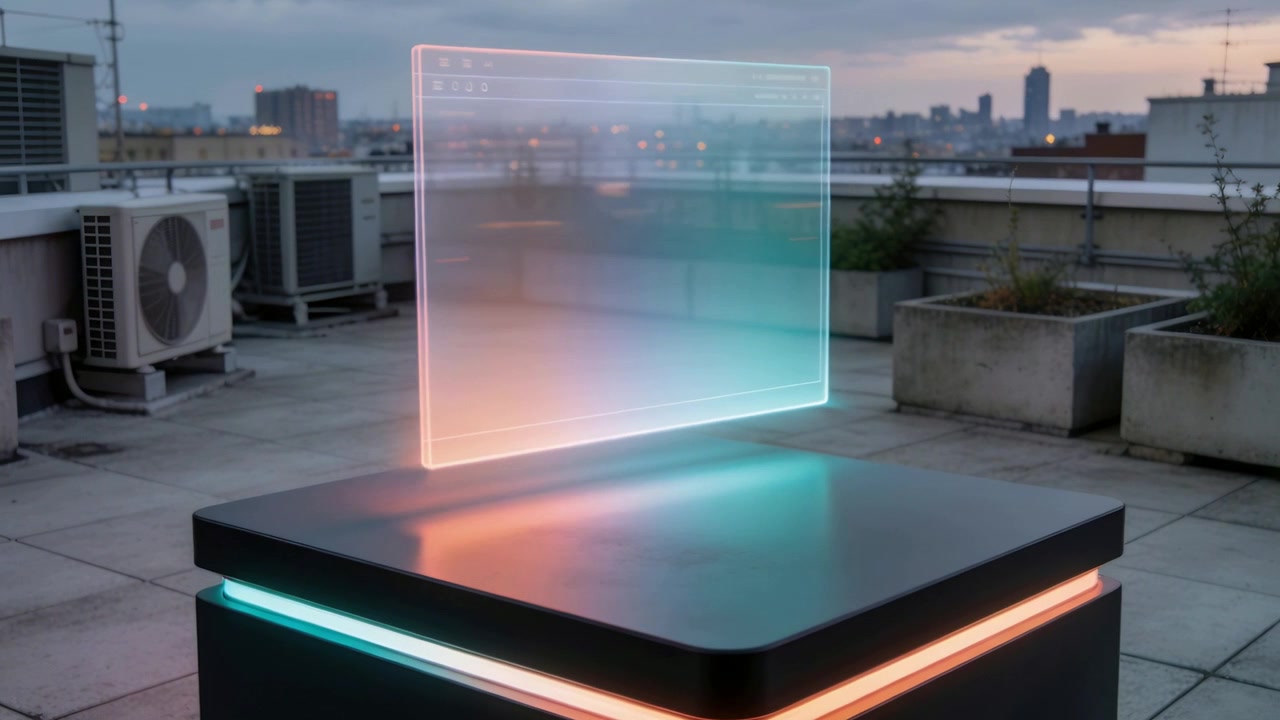 Display olografico che appare, ruotando e sollevandosi sopra un piedistallo sul tetto con banda LED