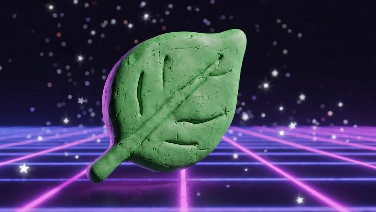 Una rappresentazione creativa di una foglia verde fatta di argilla, posta su una vibrante griglia al neon e uno sfondo scintillante per un'esperienza visiva unica