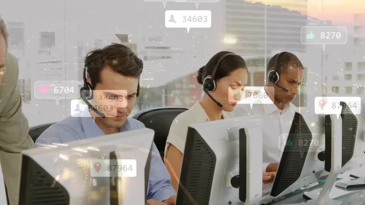 전화 헤드 ⁇ 을 착용 한 사람들 위에 연결 네트워크와 아이콘의 애니메이션