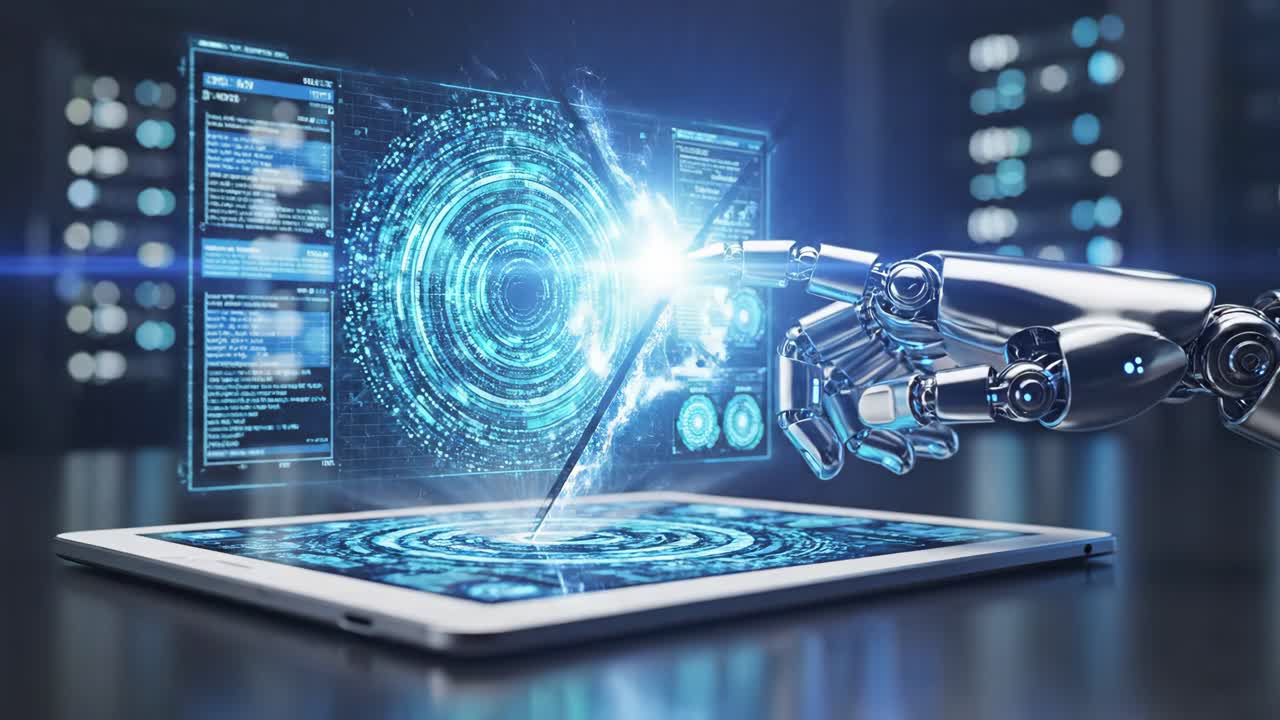 Futuristic Robot Hand Interacting with Digital Technology