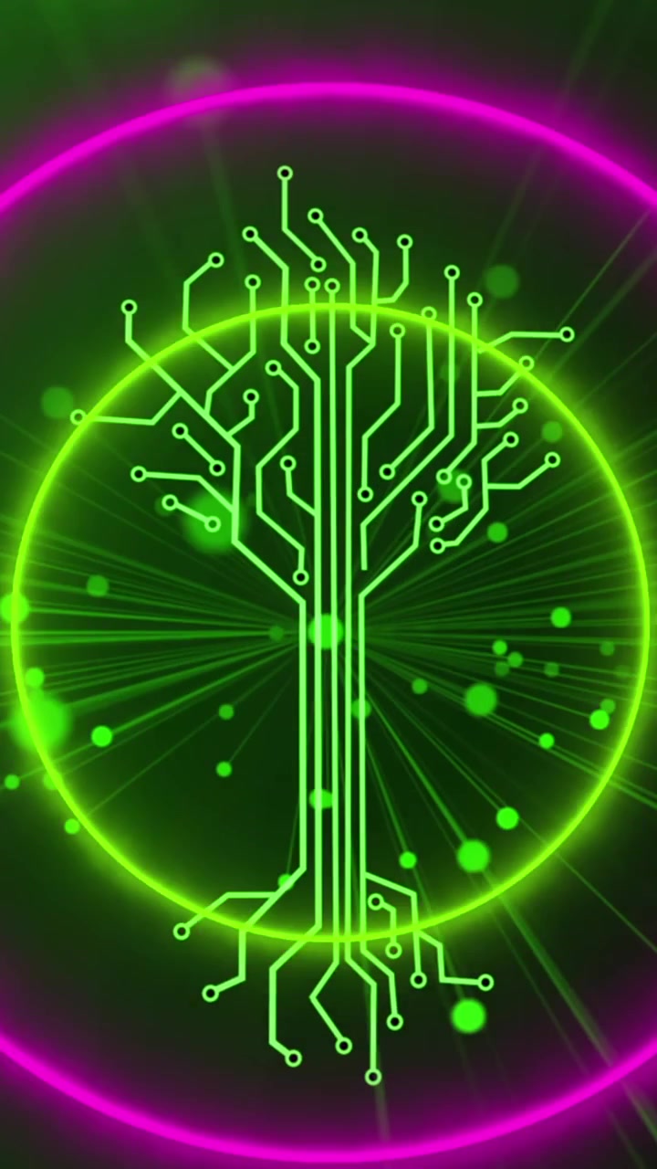 Animation of neon circles over integrated circuit and dots in digital space