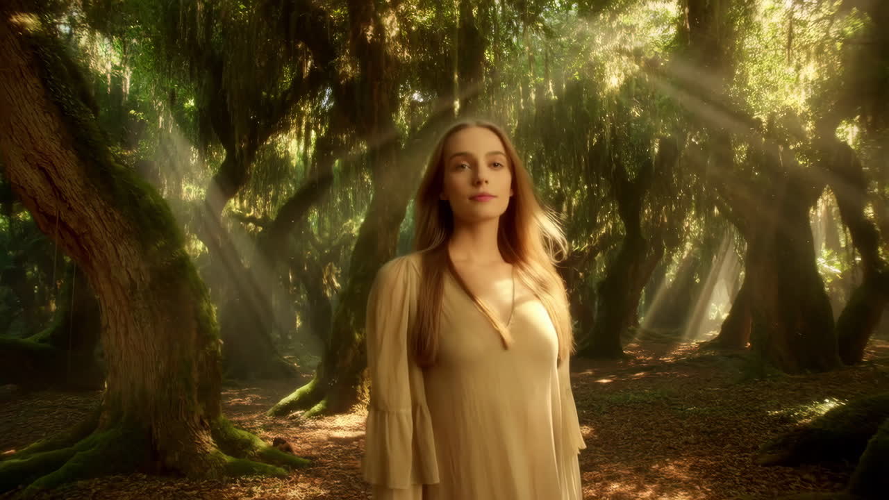 Ethereal Woman in a Sun-Dappled Enchanted Forest