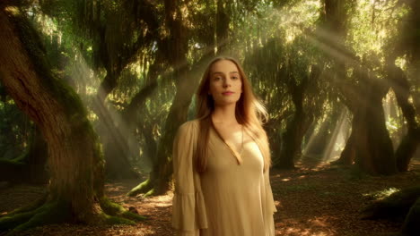 ethereal woman in a sun-dappled enchanted forest