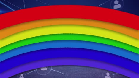 animation of networks of connections with rainbow on blue background