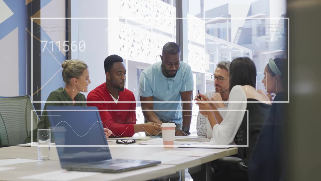 Animation of financial data processing over diverse business people in office
