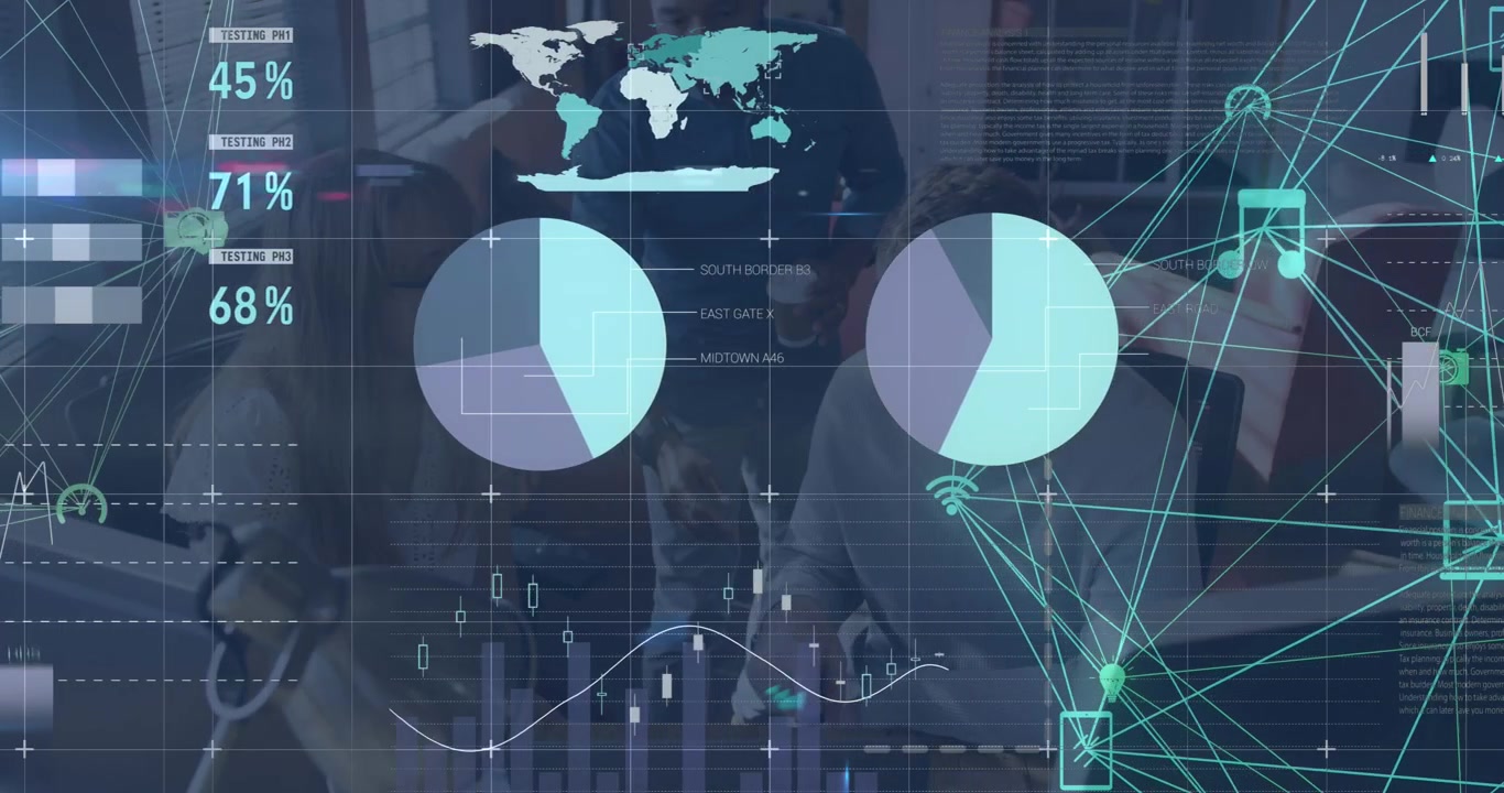 Animation of connected icons and infographic interface on diverse coworkers sharing ideas in office
